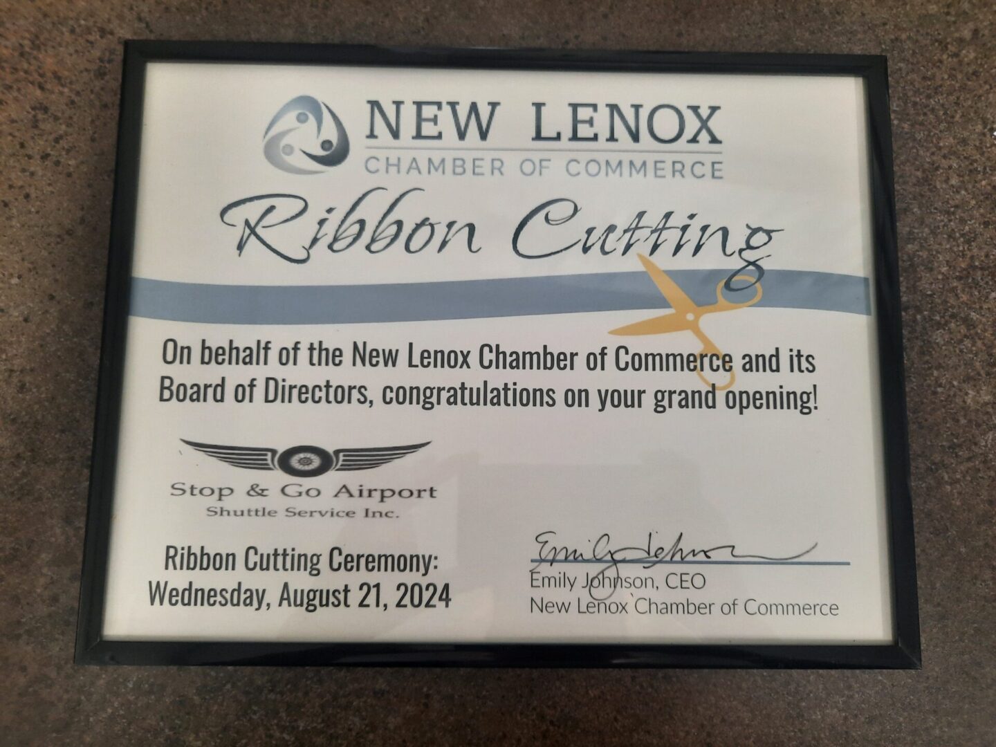 Local transportation service in New Lenox, New Lenox Chamber of Commerce ribbon cutting certificate from 2024, from Stop & Go Limo Airport Shuttle Service.