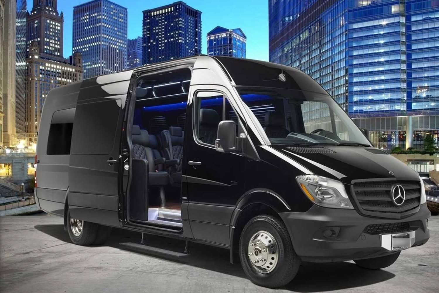 Local premium transportation service in Chicagoland, Mercedes Benz Sprinter van ready for regional group transportation across Chicagoland, from Stop & Go Limo Airport Shuttle Service.
