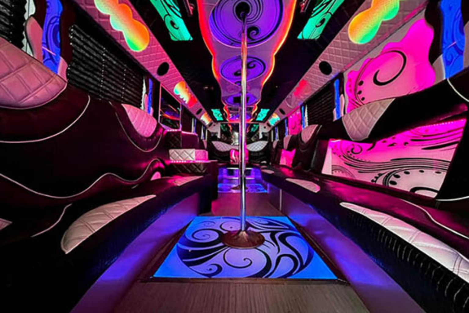 Local party bus rental service in Chicago, Luxury party bus exterior serving Chicago and the surrounding suburbs, from Stop & Go Limo Airport Shuttle Service.