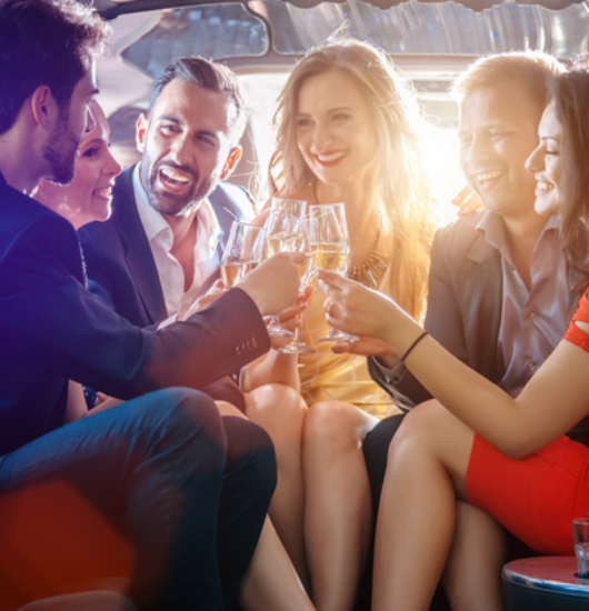 Local airport shuttle service in Bolingbrook, Happy clients in a limousine in Bolingbrook, Illinois, Airport Shuttle Service, from Stop & Go Limo Airport Shuttle Service.
