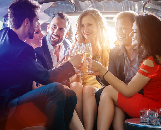 Local airport shuttle service in Frankfort, Happy clients in a limousine in Frankfort, Illinois, Airport Shuttle Service, from Stop & Go Limo Airport Shuttle Service.