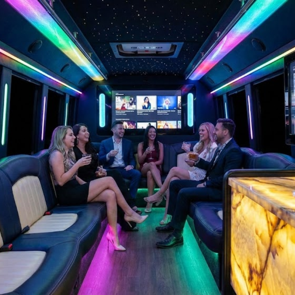 Local airport shuttle service in Chicagoland, Luxurious party bus limo bus interior, Airport Shuttle Service, from Stop & Go Limo Airport Shuttle Service.