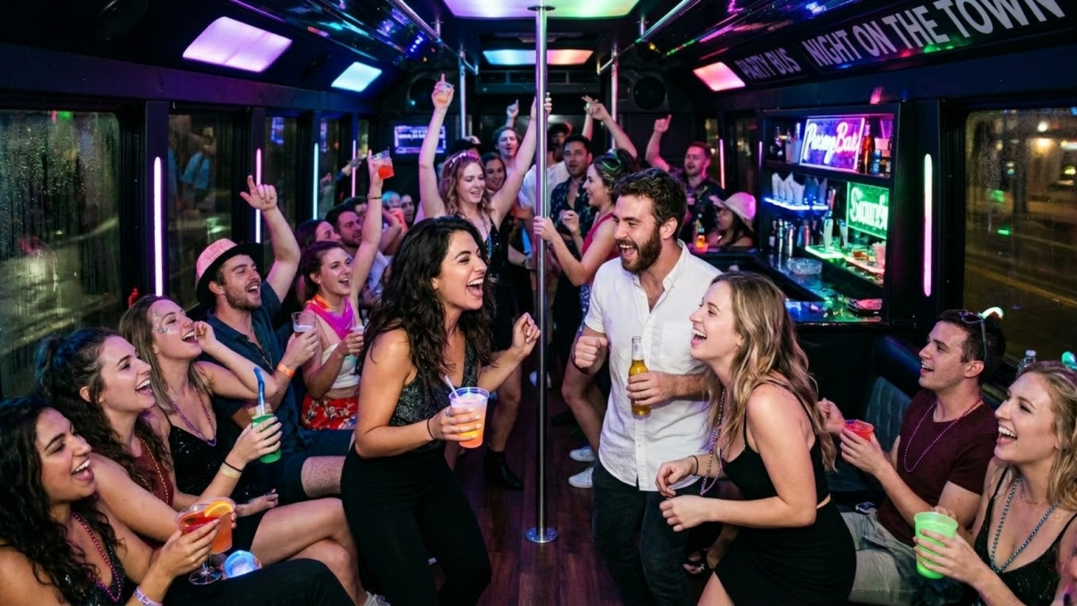 Local party bus rental service in Aurora, Guests celebrating on a party bus in Aurora, Illinois, from Stop & Go Limo Airport Shuttle Service.