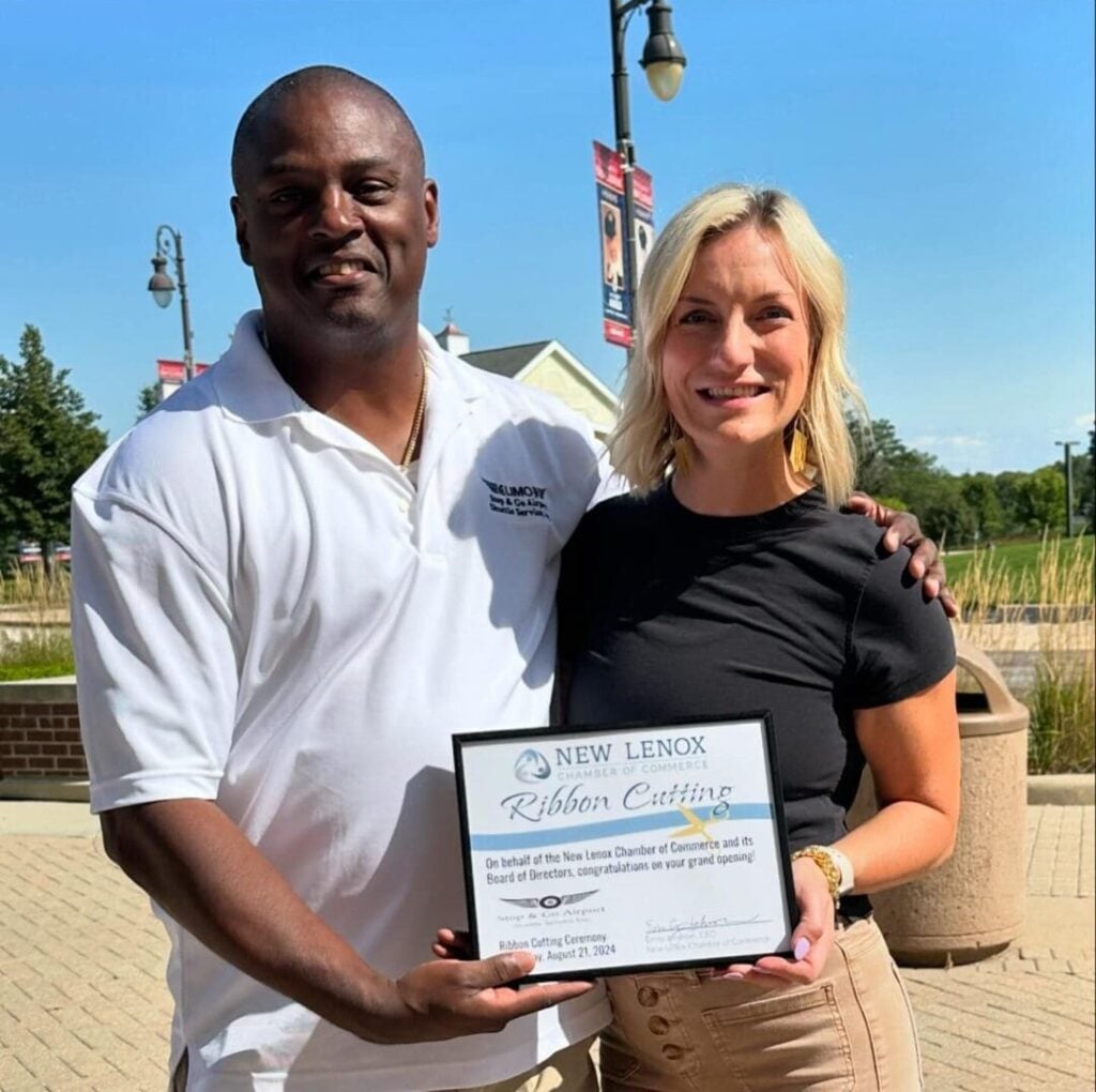 Local airport shuttle service in New Lenox, Vincent Rover, founder of Airport Shuttle Service, at the New Lenox Chamber ribbon cutting ceremony, from Stop & Go Limo Airport Shuttle Service.